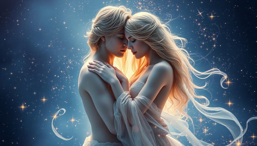 A breathtaking ethereal scene of two celestial figures, representing the sign of Virgo, intertwined in a cosmic embrace. Soft, glowing wisps of stardust swirl around them, creating an enchanting, mystical atmosphere. The figures' features are elegant and otherworldly, capturing the essence of compatibility and harmony. Subtle hues of blue, purple, and gold bathe the scene, evoking a sense of timeless, spiritual connection. The background is a vast, starry expanse, suggesting the infinite nature of love and destiny. Delicate, ethereal tendrils of light caress the figures, lending an aura of divine grace and celestial wonder. A breathtaking ethereal scene of two celestial figures, representing the sign of Virgo, intertwined in a cosmic embrace. Soft, glowing wisps of stardust swirl around them, creating an enchanting, mystical atmosphere. The figures' features are elegant and otherworldly, capturing the essence of compatibility and harmony. Subtle hues of blue, purple, and gold bathe the scene, evoking a sense of timeless, spiritual connection. The background is a vast, starry expanse, suggesting the infinite nature of love and destiny. Delicate, ethereal tendrils of light caress the figures, lending an aura of divine grace and celestial wonder.