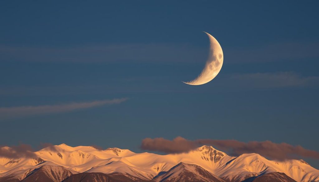 A celestial landscape at dusk, depicting the lunar cycle on September 9th, 2025. The crescent moon, adorned with soft, ethereal light, hovers amidst wispy clouds in a deep blue sky. The lunar surface is marked by distinct craters and valleys, casting gentle shadows across its face. In the foreground, a serene, snow-capped mountain range reflects the moon's glow, creating a tranquil and contemplative atmosphere. The scene is illuminated by a warm, golden light, evoking a sense of harmony between the Earth and its celestial companion.