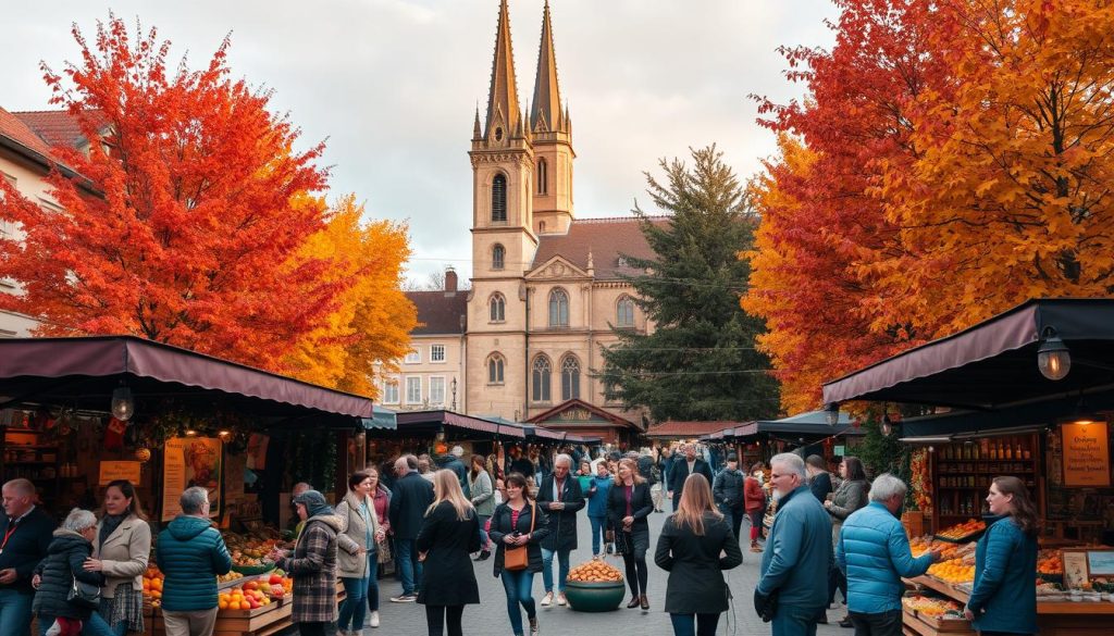 A cozy, autumnal scene of September celebrations in an old town square. In the foreground, a harvest festival is in full swing, with colorful stalls selling fresh produce, handmade crafts, and traditional treats. Locals and visitors mingle, their laughter and chatter filling the air. The middle ground features a historic church with a towering spire, its intricate architecture bathed in warm, golden light. In the background, the trees lining the square are ablaze with reds, oranges, and yellows, creating a stunning natural backdrop. The scene is illuminated by a soft, diffused light, lending an inviting, nostalgic atmosphere to the celebration of September's vibrant holidays. A cozy, autumnal scene of September celebrations in an old town square. In the foreground, a harvest festival is in full swing, with colorful stalls selling fresh produce, handmade crafts, and traditional treats. Locals and visitors mingle, their laughter and chatter filling the air. The middle ground features a historic church with a towering spire, its intricate architecture bathed in warm, golden light. In the background, the trees lining the square are ablaze with reds, oranges, and yellows, creating a stunning natural backdrop. The scene is illuminated by a soft, diffused light, lending an inviting, nostalgic atmosphere to the celebration of September's vibrant holidays.