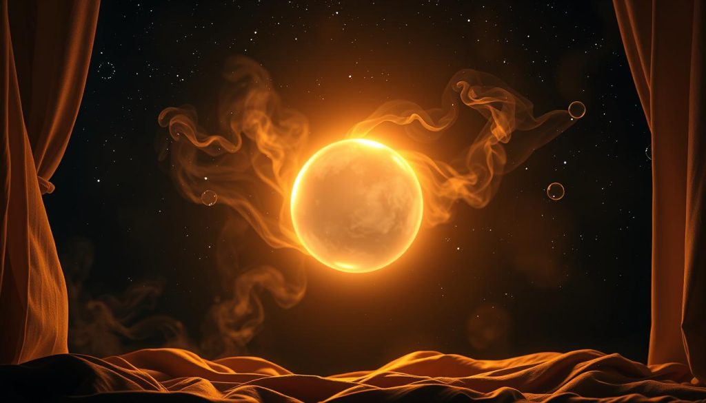 A cozy, ethereal scene depicting the hour of birth. In the center, a glowing, ethereal orb pulses with a soft, mystical light, representing the moment of a person's birth. Surrounding it, delicate wisps of smoke and mist swirl, creating an otherworldly, dreamlike atmosphere. The background is a deep, starry night sky, with hints of nebulae and distant galaxies visible, suggesting the cosmic significance of this moment. Warm, golden highlights and soft shadows caress the scene, lending a serene, contemplative mood. The composition is balanced and harmonious, inviting the viewer to pause and reflect on the profound mystery of birth and the individual's connection to the cosmos.