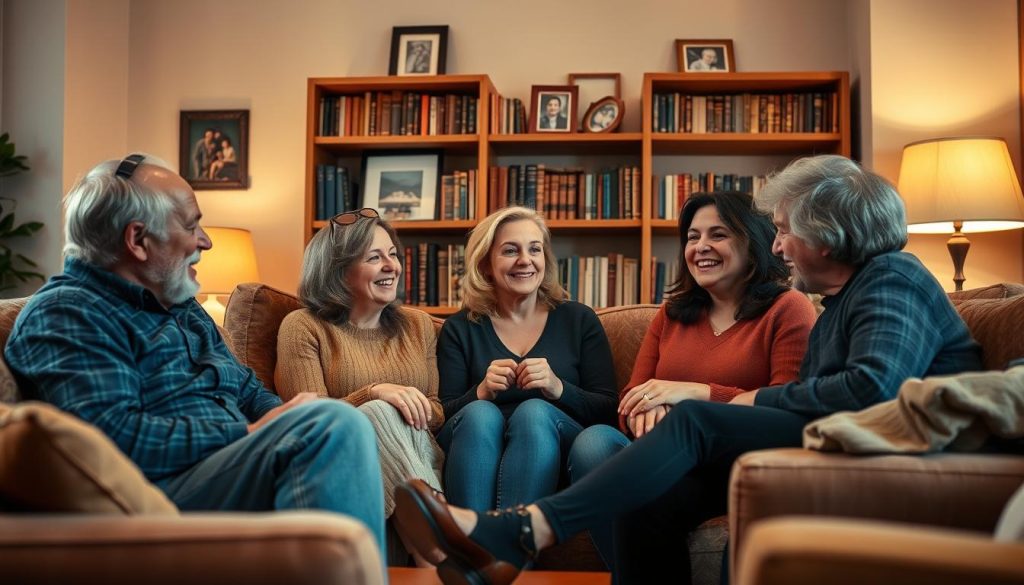 A cozy gathering of friends in a warm and inviting living room setting, with soft lighting and comfortable seating arrangements. The group is engaged in lively conversation, their faces reflecting genuine happiness and camaraderie. In the background, a bookshelf filled with well-worn volumes and a few framed photographs adds a personal touch, hinting at the long-standing nature of their friendship. The overall atmosphere is one of genuine connection, shared experiences, and the joy of being together. A cozy gathering of friends in a warm and inviting living room setting, with soft lighting and comfortable seating arrangements. The group is engaged in lively conversation, their faces reflecting genuine happiness and camaraderie. In the background, a bookshelf filled with well-worn volumes and a few framed photographs adds a personal touch, hinting at the long-standing nature of their friendship. The overall atmosphere is one of genuine connection, shared experiences, and the joy of being together.
