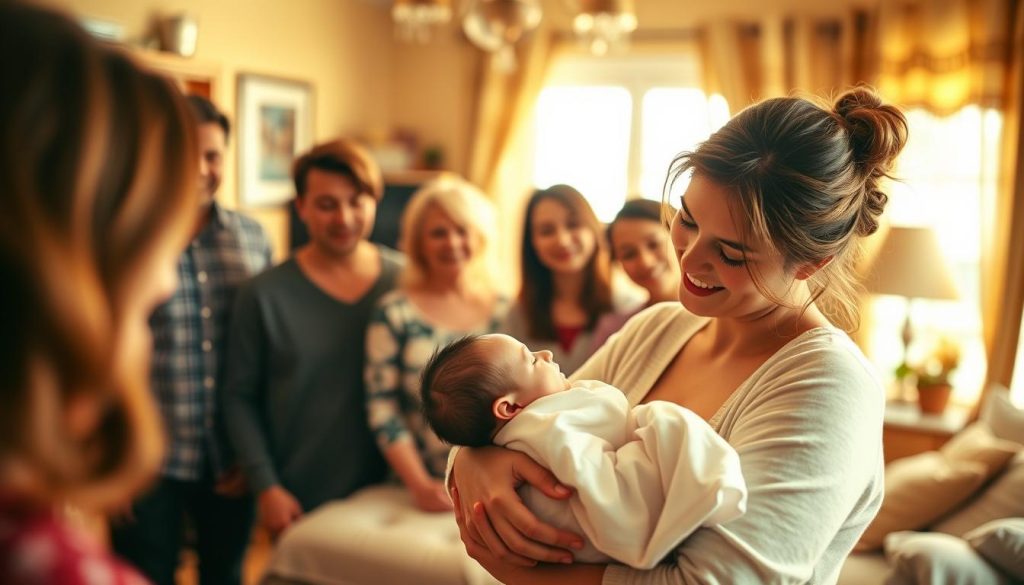 A cozy, intimate scene of a newborn baby's birth celebration. In the foreground, a loving mother cradling her newborn, their faces illuminated by soft, golden natural lighting. In the middle ground, family and friends gathered around, expressions filled with joy and wonder. The background is a warm, softly blurred room, with hints of traditional decor and personal touches that convey a sense of home and comfort. The overall mood is one of tender celebration, with a focus on the miracle of new life and the cherished bonds of family. A cozy, intimate scene of a newborn baby's birth celebration. In the foreground, a loving mother cradling her newborn, their faces illuminated by soft, golden natural lighting. In the middle ground, family and friends gathered around, expressions filled with joy and wonder. The background is a warm, softly blurred room, with hints of traditional decor and personal touches that convey a sense of home and comfort. The overall mood is one of tender celebration, with a focus on the miracle of new life and the cherished bonds of family.