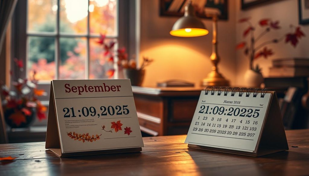 A cozy September calendar scene in 2025, captured in a warm, autumnal palette. The foreground features a vintage-style desk calendar with the date "21.09.2025" prominently displayed, its pages adorned with delicate illustrations of fall foliage. In the middle ground, a wooden desk with a brass lamp casts a soft, golden glow, while the background reveals a tranquil window overlooking a garden bursting with vibrant reds, oranges, and yellows. The overall atmosphere evokes a sense of nostalgia and the comforts of the changing seasons. A cozy September calendar scene in 2025, captured in a warm, autumnal palette. The foreground features a vintage-style desk calendar with the date "21.09.2025" prominently displayed, its pages adorned with delicate illustrations of fall foliage. In the middle ground, a wooden desk with a brass lamp casts a soft, golden glow, while the background reveals a tranquil window overlooking a garden bursting with vibrant reds, oranges, and yellows. The overall atmosphere evokes a sense of nostalgia and the comforts of the changing seasons.