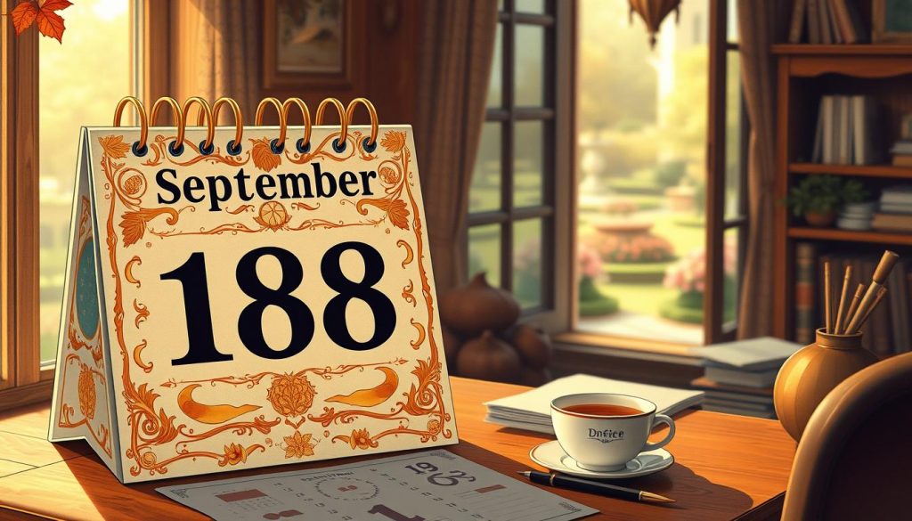 A detailed and vibrant illustration of a September calendar, with a focus on the 18th day. The foreground features a large desk calendar displaying the date "18 September 2025" in bold, classic typeface. The calendar is adorned with intricate patterns and motifs representing the season, such as autumn leaves, harvest symbols, and celestial elements alluding to both Gregorian and lunar calendars. The middle ground showcases a warm, cozy workspace setting, with a wooden desk, a cup of hot beverage, and a few scattered papers and writing implements. The background depicts a serene outdoor scene, with a glimpse of a garden or park through a window, capturing the essence of the day's significance within the natural cycle. Soft, golden lighting and a muted color palette create a contemplative, historical atmosphere.