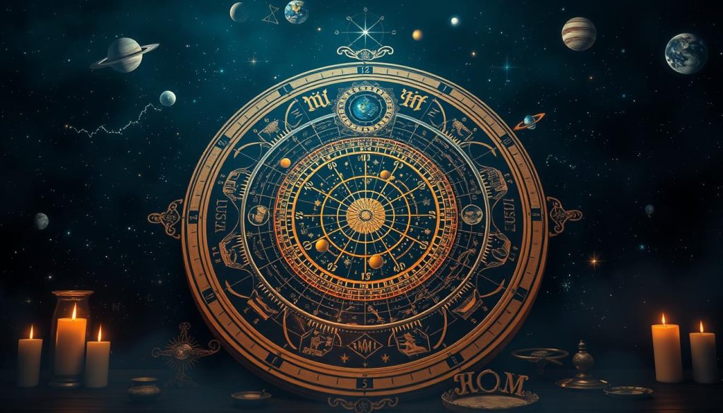 A detailed astrological chart against a starry night sky, with planets, constellations, and celestial bodies depicted in vibrant colors. The chart is surrounded by mystical symbols and arcane elements, such as zodiac signs, phases of the moon, and ancient astrological instruments. The composition is balanced, with a sense of depth and dimension, creating an immersive and otherworldly atmosphere. The lighting is dramatic, with a warm glow illuminating the central astrological elements, while the background is shrouded in a cool, mysterious ambiance. A detailed astrological chart against a starry night sky, with planets, constellations, and celestial bodies depicted in vibrant colors. The chart is surrounded by mystical symbols and arcane elements, such as zodiac signs, phases of the moon, and ancient astrological instruments. The composition is balanced, with a sense of depth and dimension, creating an immersive and otherworldly atmosphere. The lighting is dramatic, with a warm glow illuminating the central astrological elements, while the background is shrouded in a cool, mysterious ambiance.