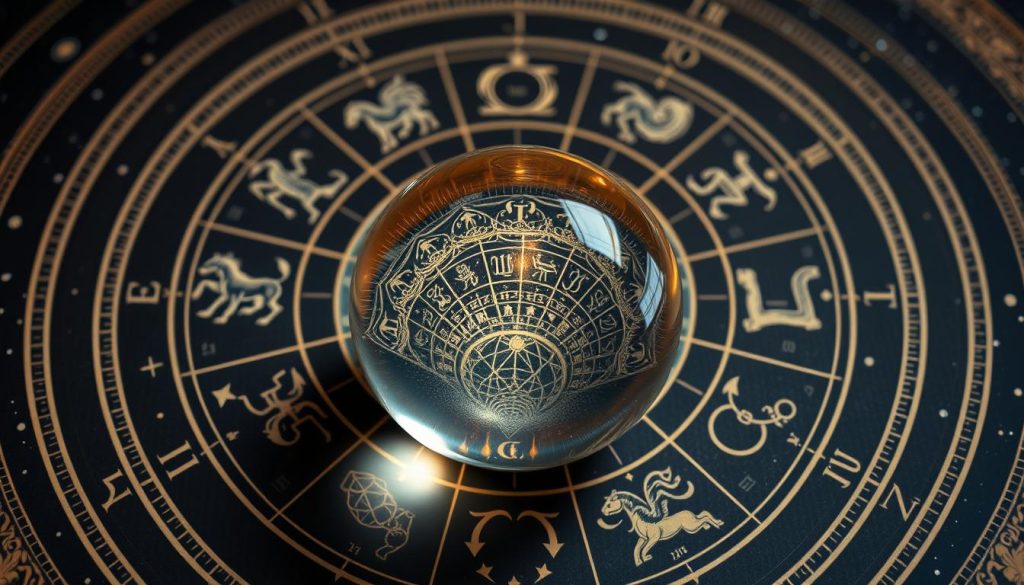A detailed astrological chart in the style of a vintage celestial map, featuring the zodiac signs and symbols arranged in a circular layout. The foreground showcases a central crystal ball or celestial orb, emitting a warm, ethereal glow and casting subtle reflections. The middle ground depicts intricate illustrations of the twelve zodiac signs, each with its distinctive iconography and color palette. The background is a rich, inky night sky dotted with twinkling stars and celestial bodies, evoking a sense of mysticism and wonder. The overall composition strikes a balance between the scientific precision of astrological diagrams and the dreamlike, esoteric nature of the subject matter. A detailed astrological chart in the style of a vintage celestial map, featuring the zodiac signs and symbols arranged in a circular layout. The foreground showcases a central crystal ball or celestial orb, emitting a warm, ethereal glow and casting subtle reflections. The middle ground depicts intricate illustrations of the twelve zodiac signs, each with its distinctive iconography and color palette. The background is a rich, inky night sky dotted with twinkling stars and celestial bodies, evoking a sense of mysticism and wonder. The overall composition strikes a balance between the scientific precision of astrological diagrams and the dreamlike, esoteric nature of the subject matter.