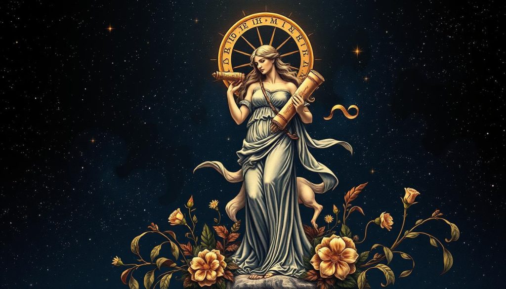 A detailed astrological illustration of the Virgo zodiac sign against a starry night sky. The central figure is a graceful, female Virgo deity holding a cornucopia and scroll, surrounded by astrological symbols, celestial motifs, and natural elements like flowers, leaves, and vines. The composition has a classical, mythological feel with dramatic lighting casting deep shadows and highlights, creating an atmosphere of mysticism and esotericism. The overall style is a seamless blend of realism and fantasy, evoking the ancient origins and esoteric nature of astrology and the Virgo archetype. A detailed astrological illustration of the Virgo zodiac sign against a starry night sky. The central figure is a graceful, female Virgo deity holding a cornucopia and scroll, surrounded by astrological symbols, celestial motifs, and natural elements like flowers, leaves, and vines. The composition has a classical, mythological feel with dramatic lighting casting deep shadows and highlights, creating an atmosphere of mysticism and esotericism. The overall style is a seamless blend of realism and fantasy, evoking the ancient origins and esoteric nature of astrology and the Virgo archetype.