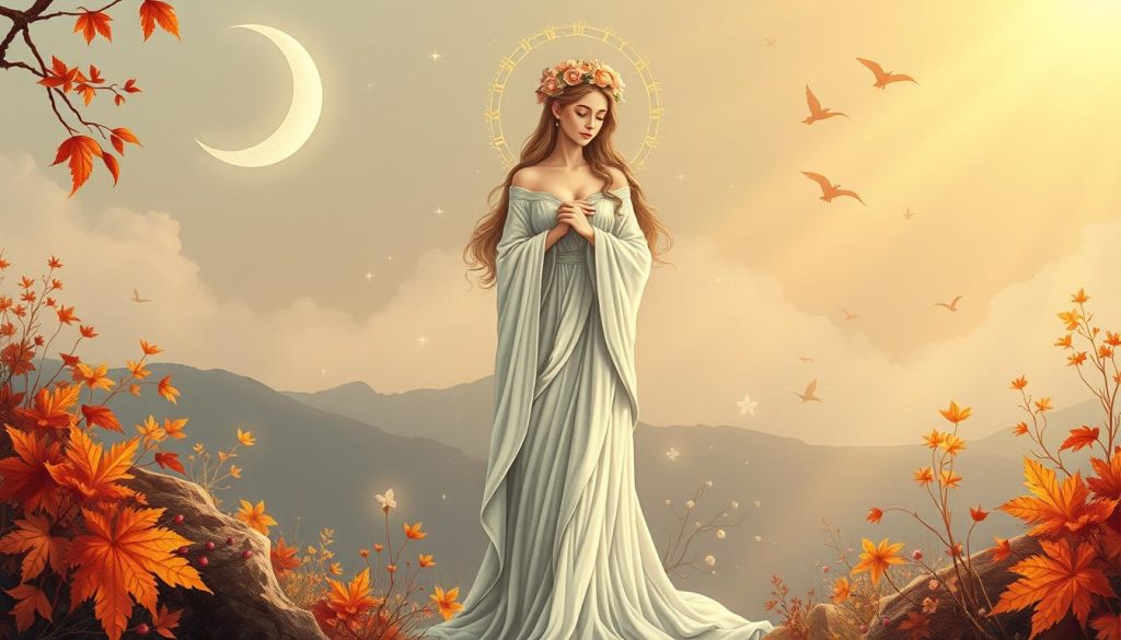 A detailed astrological illustration showcasing the Virgo zodiac sign for September 2025. Set against a serene autumnal backdrop, a serene figure of the Virgo maiden stands centered, draped in flowing robes and adorned with delicate floral accents. The composition features a crescent moon in the upper left corner, along with subtly integrated celestial motifs and symbolic imagery representative of the Virgo archetype. Soft, warm lighting emanates from the scene, evoking a contemplative, introspective mood. The overall aesthetic is one of elegance, balance, and a connection to the natural rhythms of the earth. A detailed astrological illustration showcasing the Virgo zodiac sign for September 2025. Set against a serene autumnal backdrop, a serene figure of the Virgo maiden stands centered, draped in flowing robes and adorned with delicate floral accents. The composition features a crescent moon in the upper left corner, along with subtly integrated celestial motifs and symbolic imagery representative of the Virgo archetype. Soft, warm lighting emanates from the scene, evoking a contemplative, introspective mood. The overall aesthetic is one of elegance, balance, and a connection to the natural rhythms of the earth.