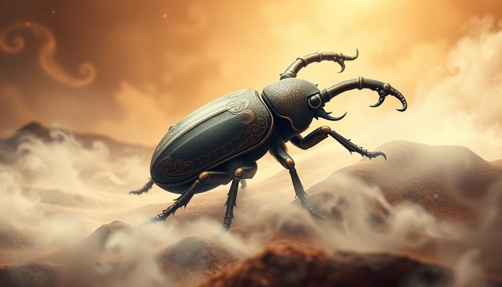 A detailed illustration of the Slavic zodiac symbol "Khrushch" (10.09-9.10), featuring a stylized depiction of a beetle-like creature. The creature occupies the central focus, rendered with intricate textures and patterns reminiscent of the Slavic folk art aesthetic. The background features a dreamlike, ethereal landscape with swirling mists and a warm, earthy color palette, evoking a sense of mysticism and ancient tradition. The lighting is soft and diffused, creating a serene and contemplative atmosphere. The angle and composition draw the viewer's attention to the symbolic significance of the Khrushch, placing it in a reverent, almost sacred context. A detailed illustration of the Slavic zodiac symbol "Khrushch" (10.09-9.10), featuring a stylized depiction of a beetle-like creature. The creature occupies the central focus, rendered with intricate textures and patterns reminiscent of the Slavic folk art aesthetic. The background features a dreamlike, ethereal landscape with swirling mists and a warm, earthy color palette, evoking a sense of mysticism and ancient tradition. The lighting is soft and diffused, creating a serene and contemplative atmosphere. The angle and composition draw the viewer's attention to the symbolic significance of the Khrushch, placing it in a reverent, almost sacred context.