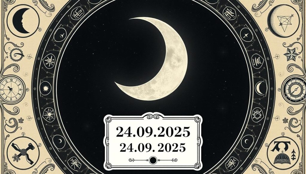 A detailed lunar calendar in a classic, timeless style. The crescent moon dominates the center, its soft silver glow illuminating the night sky. Surrounding it are intricate illustrations of the moon's phases, astrological symbols, and celestial motifs - all delicately rendered in a muted, elegant palette. In the foreground, a central frame showcases the date, "24.09.2025", along with the moon's sign and phase for that day. The overall composition conveys a sense of mysticism and wonder, perfectly suited to illustrate the section on the lunar calendar. A detailed lunar calendar in a classic, timeless style. The crescent moon dominates the center, its soft silver glow illuminating the night sky. Surrounding it are intricate illustrations of the moon's phases, astrological symbols, and celestial motifs - all delicately rendered in a muted, elegant palette. In the foreground, a central frame showcases the date, "24.09.2025", along with the moon's sign and phase for that day. The overall composition conveys a sense of mysticism and wonder, perfectly suited to illustrate the section on the lunar calendar.