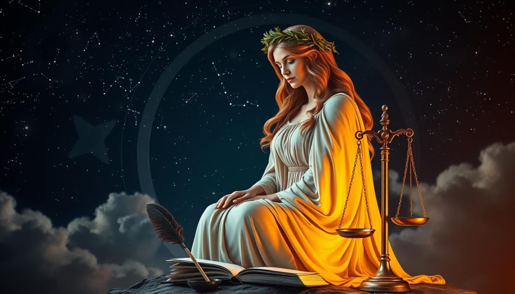 A detailed, meticulously crafted image of the zodiac sign Virgo (the Virgin). Set against a starry night sky, the central figure is a graceful, regal woman adorned in flowing robes and a laurel wreath, symbolizing the Virgo's association with purity, precision, and discernment. In the foreground, elements representing Virgo's ruling planet Mercury - a quill, a book, and a delicate scale - are carefully arranged. The background features the celestial symbol of Virgo, with wispy clouds and shimmering constellations providing a sense of cosmic wonder. Warm, golden lighting illuminates the scene, evoking an atmosphere of contemplation, wisdom, and the cycle of the seasons. A detailed, meticulously crafted image of the zodiac sign Virgo (the Virgin). Set against a starry night sky, the central figure is a graceful, regal woman adorned in flowing robes and a laurel wreath, symbolizing the Virgo's association with purity, precision, and discernment. In the foreground, elements representing Virgo's ruling planet Mercury - a quill, a book, and a delicate scale - are carefully arranged. The background features the celestial symbol of Virgo, with wispy clouds and shimmering constellations providing a sense of cosmic wonder. Warm, golden lighting illuminates the scene, evoking an atmosphere of contemplation, wisdom, and the cycle of the seasons.