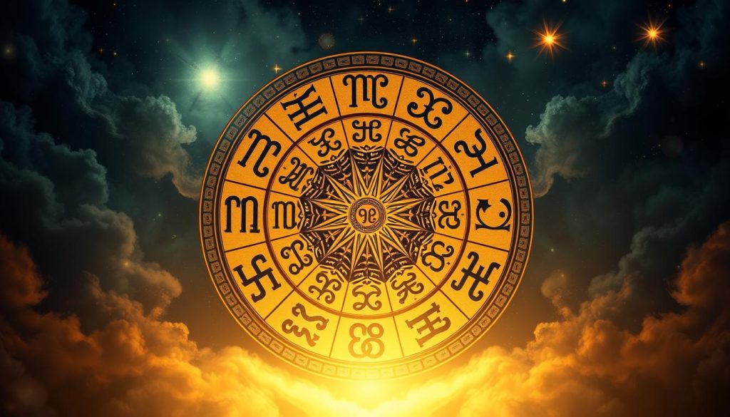 A detailed, mystical zodiac illustration depicting the ancient astrological symbols of the 12 star signs. The image features a central circular design with each zodiac sign represented by its iconic glyph, rendered in a striking, otherworldly style. The signs are arranged in a mandala-like pattern, surrounded by a celestial background filled with swirling clouds, mist, and twinkling stars. The lighting is dramatic, with a warm, golden glow emanating from the center, casting an enchanting, esoteric atmosphere. The overall composition is visually captivating, blending the symbolic elements of the zodiac with a sense of mystery and cosmic wonder. A detailed, mystical zodiac illustration depicting the ancient astrological symbols of the 12 star signs. The image features a central circular design with each zodiac sign represented by its iconic glyph, rendered in a striking, otherworldly style. The signs are arranged in a mandala-like pattern, surrounded by a celestial background filled with swirling clouds, mist, and twinkling stars. The lighting is dramatic, with a warm, golden glow emanating from the center, casting an enchanting, esoteric atmosphere. The overall composition is visually captivating, blending the symbolic elements of the zodiac with a sense of mystery and cosmic wonder.