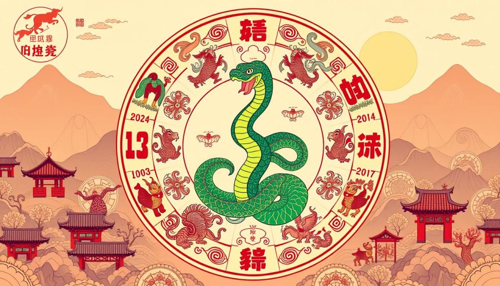 A detailed, ornate illustration depicting the traditional Chinese zodiac symbols, with the "Sinegreen Wooden Snake" prominently featured in the center. The composition showcases the 12 zodiac animals arranged in a circular pattern, each represented with intricate, stylized linework and vibrant colors. The background features traditional Chinese landscape elements such as pagodas, mountains, and decorative patterns, creating a harmonious, atmospheric scene. The lighting is warm and gentle, conveying a sense of timelessness and cultural significance. The overall aesthetic blends classic Eastern artistic motifs with a modern, visually striking interpretation of the "Animal Clocks" astrological concept. A detailed, ornate illustration depicting the traditional Chinese zodiac symbols, with the "Sinegreen Wooden Snake" prominently featured in the center. The composition showcases the 12 zodiac animals arranged in a circular pattern, each represented with intricate, stylized linework and vibrant colors. The background features traditional Chinese landscape elements such as pagodas, mountains, and decorative patterns, creating a harmonious, atmospheric scene. The lighting is warm and gentle, conveying a sense of timelessness and cultural significance. The overall aesthetic blends classic Eastern artistic motifs with a modern, visually striking interpretation of the "Animal Clocks" astrological concept.