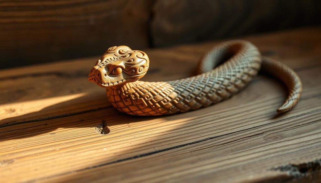 A detailed wooden snake sculpture resting on a rustic wooden surface, with a natural, earthy color palette. Intricate carved patterns adorn the serpentine body, reflecting the elegant and mystical essence of the Year of the Wooden Snake. Soft, warm lighting from the side creates depth and shadows, accentuating the textural qualities of the carved wood. The scene conveys a sense of timeless wisdom and the harmonious blending of Eastern and Slavic cultural motifs. A detailed wooden snake sculpture resting on a rustic wooden surface, with a natural, earthy color palette. Intricate carved patterns adorn the serpentine body, reflecting the elegant and mystical essence of the Year of the Wooden Snake. Soft, warm lighting from the side creates depth and shadows, accentuating the textural qualities of the carved wood. The scene conveys a sense of timeless wisdom and the harmonious blending of Eastern and Slavic cultural motifs.