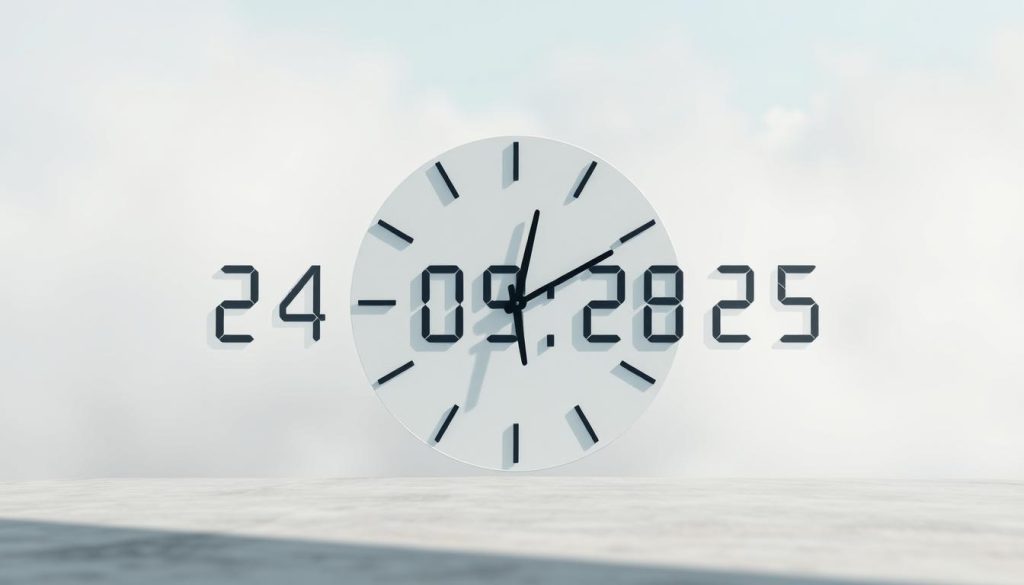 A digital clock display against a serene backdrop, showcasing the time "24,09,2025" in a clean, minimalist style. The clock face is rendered with precision, its numerals and hands casting soft shadows that accentuate the passage of time. The surrounding environment is a tranquil, hazy scene, with muted tones and a sense of timelessness, evoking the contemplative nature of the calendar facts being presented. The lighting is natural and diffused, creating a calming, reflective atmosphere that complements the central timepiece. The composition is balanced and visually striking, drawing the viewer's attention to the pivotal date being highlighted. A digital clock display against a serene backdrop, showcasing the time "24,09,2025" in a clean, minimalist style. The clock face is rendered with precision, its numerals and hands casting soft shadows that accentuate the passage of time. The surrounding environment is a tranquil, hazy scene, with muted tones and a sense of timelessness, evoking the contemplative nature of the calendar facts being presented. The lighting is natural and diffused, creating a calming, reflective atmosphere that complements the central timepiece. The composition is balanced and visually striking, drawing the viewer's attention to the pivotal date being highlighted.