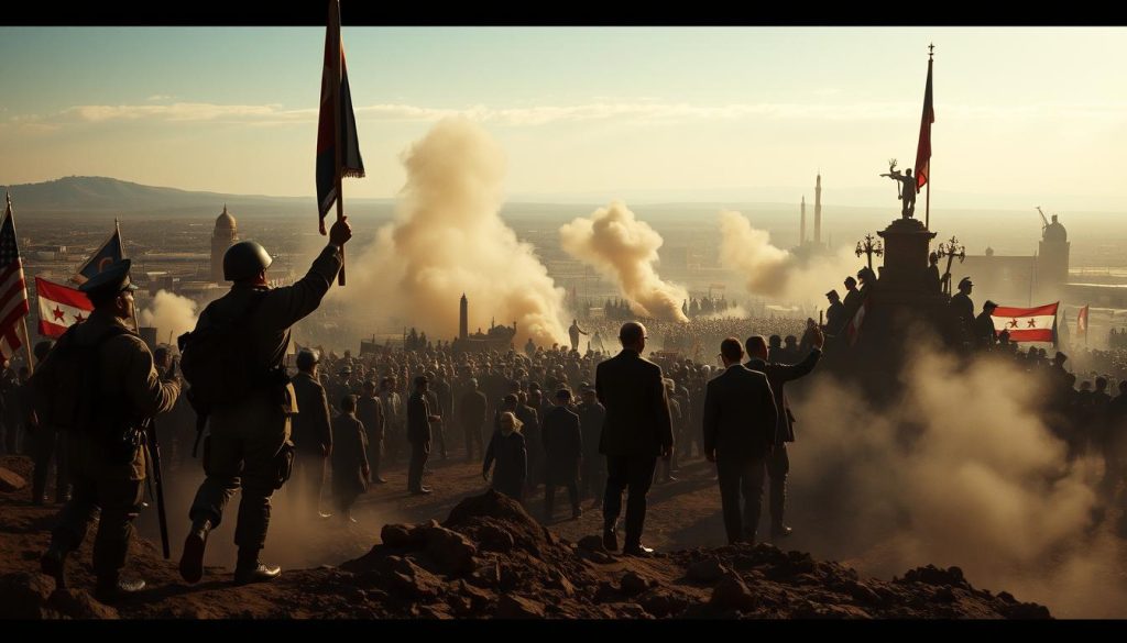 A dramatic, cinematic scene depicting key historical events of September, with a sense of gravity and significance. In the foreground, figures representing pivotal moments - a soldier raising a flag, a leader making a speech, a crowd gathered in protest. The middle ground is filled with the chaos and movement of these transformative occurrences, smoke and shadows adding to the sense of gravity. The background is a sweeping panorama, showcasing the broader geopolitical landscape - landscapes, cityscapes, or symbols of power and change. Dramatic lighting casts dramatic shadows, emphasizing the weight of the events. The overall mood is one of gravity, tension, and the shaping of the modern world. A dramatic, cinematic scene depicting key historical events of September, with a sense of gravity and significance. In the foreground, figures representing pivotal moments - a soldier raising a flag, a leader making a speech, a crowd gathered in protest. The middle ground is filled with the chaos and movement of these transformative occurrences, smoke and shadows adding to the sense of gravity. The background is a sweeping panorama, showcasing the broader geopolitical landscape - landscapes, cityscapes, or symbols of power and change. Dramatic lighting casts dramatic shadows, emphasizing the weight of the events. The overall mood is one of gravity, tension, and the shaping of the modern world.