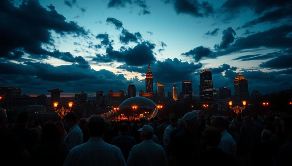A dramatic evening sky over a bustling cityscape, illuminated by the warm glow of street lamps and skyscraper windows. In the foreground, a crowd of people gathers, engaged in animated conversation and commemorating a significant historical event. The scene evokes a sense of contemplation and reverence, as if capturing a pivotal moment in the annals of time. Rendered with meticulous detail and a cinematic, photorealistic style, the image conveys the gravity and importance of the "сентября события" being commemorated. A dramatic evening sky over a bustling cityscape, illuminated by the warm glow of street lamps and skyscraper windows. In the foreground, a crowd of people gathers, engaged in animated conversation and commemorating a significant historical event. The scene evokes a sense of contemplation and reverence, as if capturing a pivotal moment in the annals of time. Rendered with meticulous detail and a cinematic, photorealistic style, the image conveys the gravity and importance of the "сентября события" being commemorated.