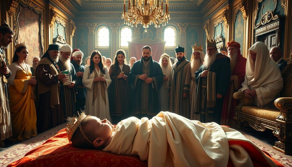 A grand celebration of birth, a majestic scene of newborn royalty. In the foreground, a radiant baby lies swaddled in luxurious fabrics, bathed in soft, golden light. Surrounding the child, a circle of distinguished guests - nobles, scholars, and wise elders - bearing gifts and offering blessings. In the middle ground, ornate tapestries and opulent furnishings speak to the grandeur of the occasion. The background reveals the opulent halls of a palatial estate, adorned with intricate architectural details and lavish decor. A mood of reverence, joy, and anticipation pervades the scene, capturing the significance of this momentous day in history. A grand celebration of birth, a majestic scene of newborn royalty. In the foreground, a radiant baby lies swaddled in luxurious fabrics, bathed in soft, golden light. Surrounding the child, a circle of distinguished guests - nobles, scholars, and wise elders - bearing gifts and offering blessings. In the middle ground, ornate tapestries and opulent furnishings speak to the grandeur of the occasion. The background reveals the opulent halls of a palatial estate, adorned with intricate architectural details and lavish decor. A mood of reverence, joy, and anticipation pervades the scene, capturing the significance of this momentous day in history.