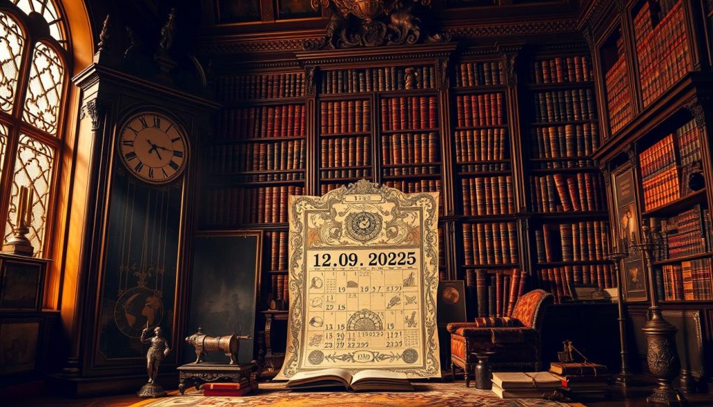 A grand historical tableau set in an ornate interior, bathed in warm, golden light. A large, antique grandfather clock stands in the foreground, its hands frozen at a specific time. Surrounding it, a collection of historical artifacts and documents are carefully arranged, hinting at significant events and figures. In the middle ground, a richly illustrated calendar page displays the date "12,09,2025", with zodiac symbols and astrological imagery arrayed around it. In the background, a vast, elaborately carved bookshelf filled with leather-bound tomes evokes a sense of scholarly tradition and timeless knowledge. An atmosphere of contemplation and reverence pervades the scene, inviting the viewer to ponder the weight of history and the cycles of time. A grand historical tableau set in an ornate interior, bathed in warm, golden light. A large, antique grandfather clock stands in the foreground, its hands frozen at a specific time. Surrounding it, a collection of historical artifacts and documents are carefully arranged, hinting at significant events and figures. In the middle ground, a richly illustrated calendar page displays the date "12,09,2025", with zodiac symbols and astrological imagery arrayed around it. In the background, a vast, elaborately carved bookshelf filled with leather-bound tomes evokes a sense of scholarly tradition and timeless knowledge. An atmosphere of contemplation and reverence pervades the scene, inviting the viewer to ponder the weight of history and the cycles of time.