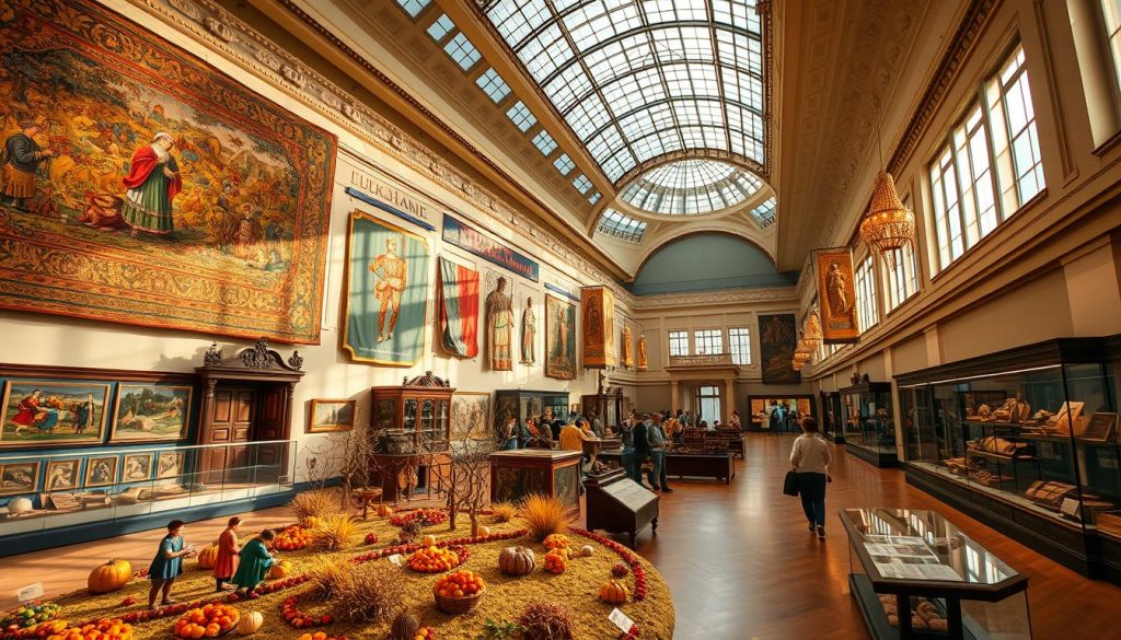 A grand museum hall bathed in warm autumnal light, showcasing a captivating exhibition on the history and culture of Ukraine in September. Ornate tapestries, intricately carved wooden sculptures, and vibrant paintings adorn the walls, transporting visitors through the centuries. In the foreground, a life-size diorama depicts a traditional Ukrainian harvest festival, complete with costumed figures and a bountiful display of seasonal produce. The middle ground features glass cases housing ancient artifacts and rare manuscripts, while the background reveals a panoramic view of the museum's soaring atrium, its domed ceiling crisscrossed with decorative ironwork. An atmosphere of reverence and wonder permeates the scene, inviting the viewer to immerse themselves in the rich heritage of Ukraine. A grand museum hall bathed in warm autumnal light, showcasing a captivating exhibition on the history and culture of Ukraine in September. Ornate tapestries, intricately carved wooden sculptures, and vibrant paintings adorn the walls, transporting visitors through the centuries. In the foreground, a life-size diorama depicts a traditional Ukrainian harvest festival, complete with costumed figures and a bountiful display of seasonal produce. The middle ground features glass cases housing ancient artifacts and rare manuscripts, while the background reveals a panoramic view of the museum's soaring atrium, its domed ceiling crisscrossed with decorative ironwork. An atmosphere of reverence and wonder permeates the scene, inviting the viewer to immerse themselves in the rich heritage of Ukraine.