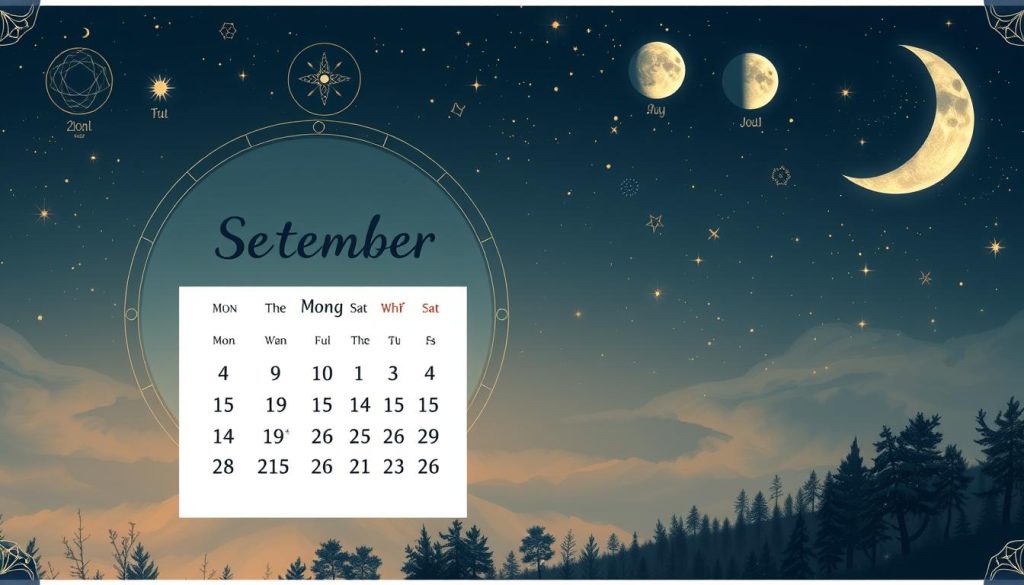 a highly detailed digital illustration of a lunar calendar for September, featuring a crescent moon in the night sky surrounded by astrological symbols, phases of the moon, and other celestial elements. The calendar is prominently displayed in the foreground, with a subtle and harmonious color palette reflecting the tranquil nature of the moon's cycles. The composition is balanced and visually appealing, evoking a sense of serene contemplation of the lunar rhythms and their influence on daily life.