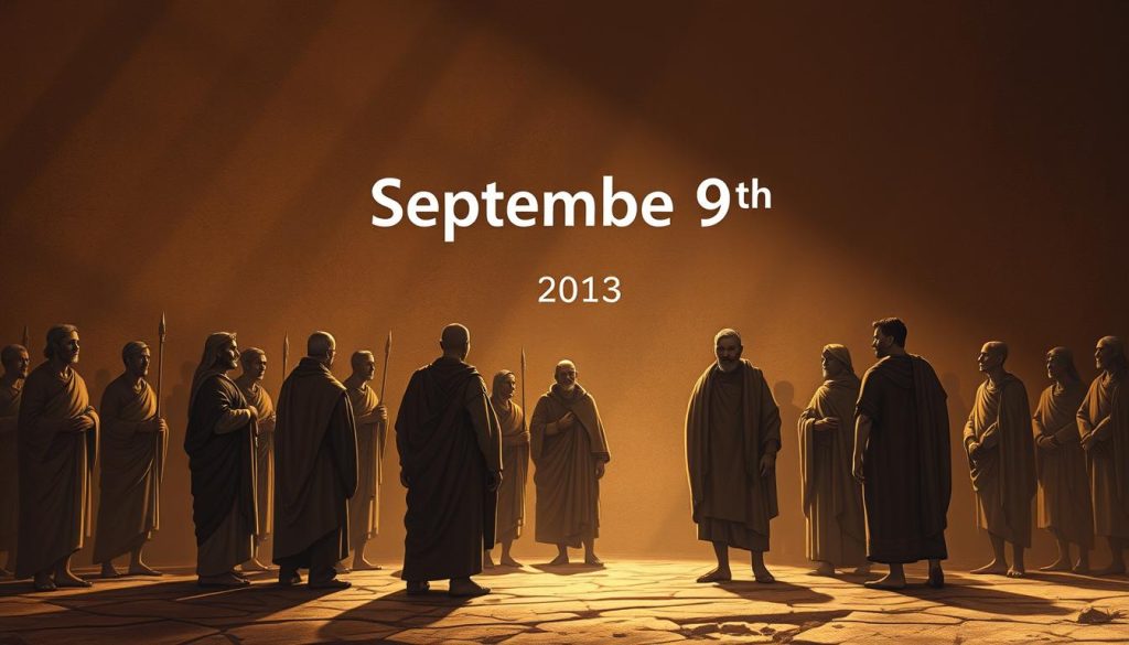 A historical chronicle of September 9th, depicted in a cinematic, sepia-toned illustration. The scene unfolds against a dimly lit, textured background, evoking the weight of time. In the foreground, figures from different eras gather, each embodying the key events and milestones of this day through the ages - from ancient civilizations to modern times. Dramatic lighting casts shadows that hint at the significance of these moments, while a sense of timelessness pervades the composition. The overall tone is one of reverence and contemplation, inviting the viewer to reflect on the rich tapestry of history that has unfolded on this date.