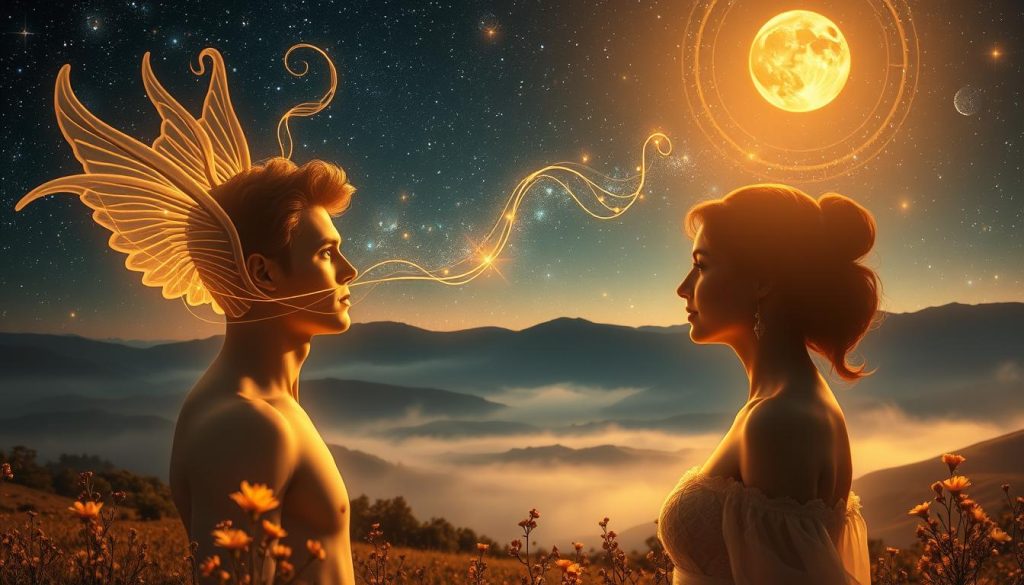 A lush, ethereal scene depicting the concept of "compatibility" in the context of astrology and relationships. In the foreground, two celestial figures, one male and one female, gaze upon each other with a sense of deep understanding and harmony. Celestial energy flows between them, represented by swirling, iridescent tendrils of light. In the middle ground, a night sky filled with shimmering stars and glowing planetary bodies sets the stage, hinting at the cosmic forces at play. The background features a misty, dreamlike landscape with rolling hills and a serene lake, reflecting the tranquility and balance of a compatible partnership. Warm, diffused lighting casts a romantic, otherworldly glow over the entire scene, evoking a sense of timeless, mystical connection. A lush, ethereal scene depicting the concept of "compatibility" in the context of astrology and relationships. In the foreground, two celestial figures, one male and one female, gaze upon each other with a sense of deep understanding and harmony. Celestial energy flows between them, represented by swirling, iridescent tendrils of light. In the middle ground, a night sky filled with shimmering stars and glowing planetary bodies sets the stage, hinting at the cosmic forces at play. The background features a misty, dreamlike landscape with rolling hills and a serene lake, reflecting the tranquility and balance of a compatible partnership. Warm, diffused lighting casts a romantic, otherworldly glow over the entire scene, evoking a sense of timeless, mystical connection.