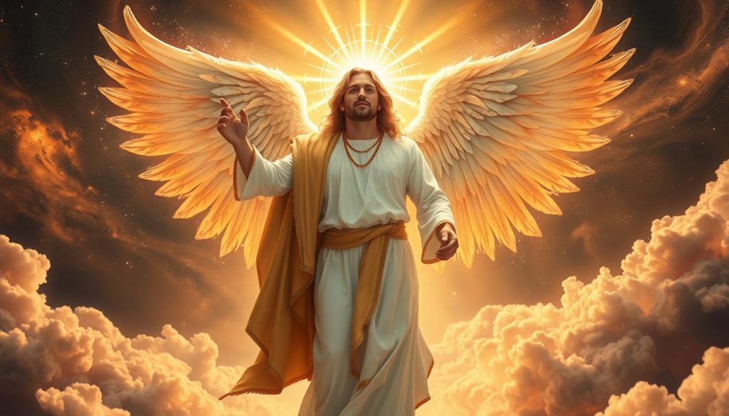 a majestic archangel raphael standing in a serene celestial landscape, his wings outstretched and emanating a divine glow, his expression benevolent and radiant, bathed in warm, heavenly light, surrounded by swirling clouds and galaxies, with a sense of timeless, ethereal beauty and spiritual tranquility a majestic archangel raphael standing in a serene celestial landscape, his wings outstretched and emanating a divine glow, his expression benevolent and radiant, bathed in warm, heavenly light, surrounded by swirling clouds and galaxies, with a sense of timeless, ethereal beauty and spiritual tranquility