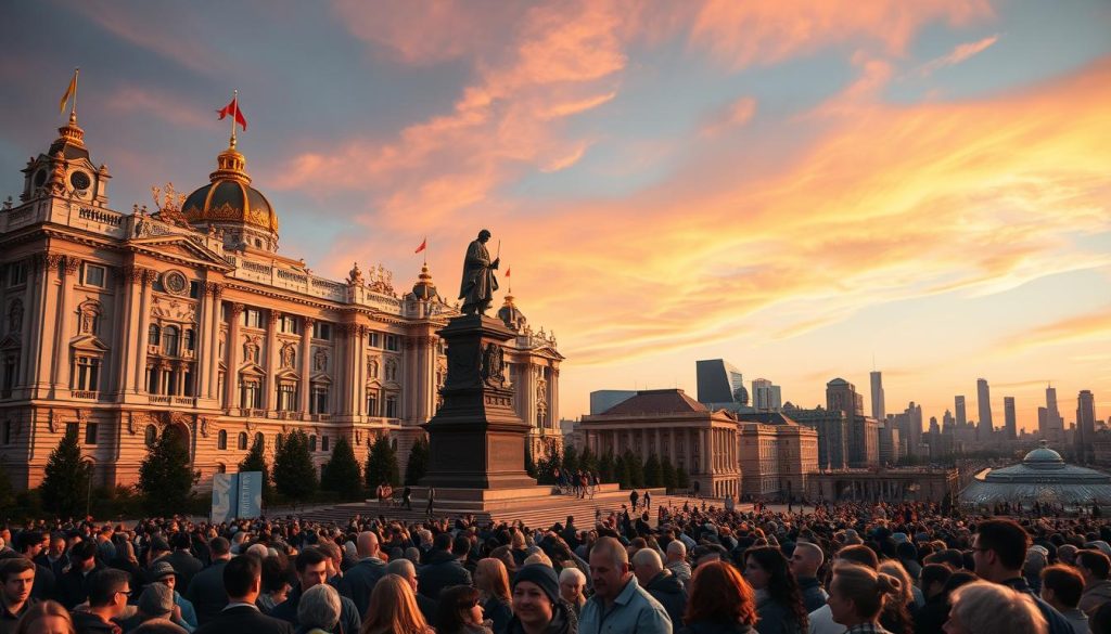 A majestic palace in the heart of a bustling city, its intricate architecture bathed in warm golden light. In the foreground, a crowd of people gather, their faces alight with excitement as they celebrate День Истории, a day commemorating the rich tapestry of their nation's past. In the middle ground, a grand statue stands tall, its stoic gaze a testament to the enduring legacy of historical figures. The background is a panoramic view of the city skyline, its skyscrapers and landmarks silhouetted against a vibrant, dusky sky. The overall scene captures the sense of reverence, pride, and cultural heritage that permeates this momentous occasion. A majestic palace in the heart of a bustling city, its intricate architecture bathed in warm golden light. In the foreground, a crowd of people gather, their faces alight with excitement as they celebrate День Истории, a day commemorating the rich tapestry of their nation's past. In the middle ground, a grand statue stands tall, its stoic gaze a testament to the enduring legacy of historical figures. The background is a panoramic view of the city skyline, its skyscrapers and landmarks silhouetted against a vibrant, dusky sky. The overall scene captures the sense of reverence, pride, and cultural heritage that permeates this momentous occasion.