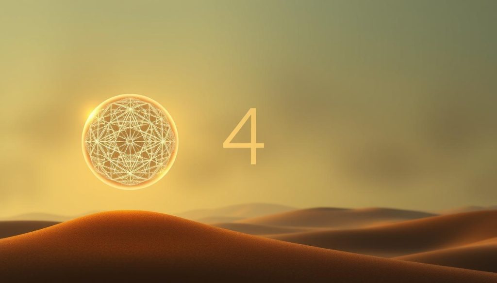 A serene and mystical composition depicting the numerology number 4. In the foreground, a glowing, ethereal sphere levitates, its translucent surface reflecting the intricate, geometric patterns that symbolize the stability, order, and foundation associated with this number. The middle ground features a tranquil, minimalist landscape, with smooth, natural forms and muted, earthy tones creating a sense of harmony and balance. The background is shrouded in a soft, atmospheric haze, lending an air of mystery and contemplation to the scene. Warm, directional lighting illuminates the key elements, casting subtle shadows and highlights that accentuate the symbolic, mystical qualities of the composition.