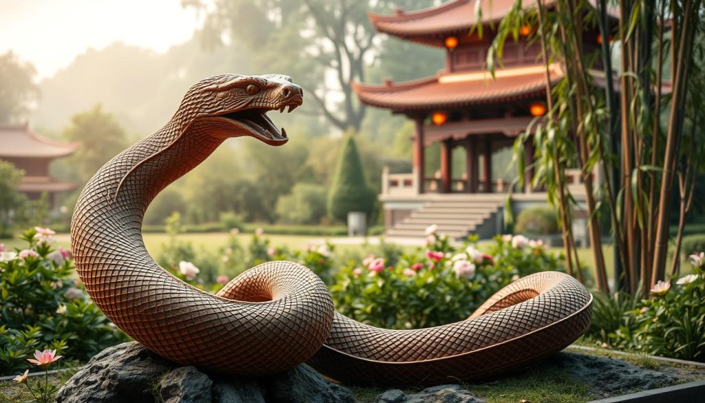 A serene and tranquil scene depicting the Year of the Wooden Snake in the Chinese zodiac. In the foreground, a majestic wooden snake sculpture coils gracefully, its intricate texture and patterns capturing the essence of the creature. The middle ground features a lush, verdant garden with blooming flowers and swaying bamboo, creating a peaceful and harmonious atmosphere. In the background, a traditional Asian-style temple or pagoda stands tall, its ancient architecture and warm lighting evoking a sense of timelessness. Soft, diffused lighting illuminates the scene, casting gentle shadows and highlights that accentuate the natural beauty. The overall composition and color palette convey a serene, contemplative, and auspicious mood suitable for the Year of the Wooden Snake.