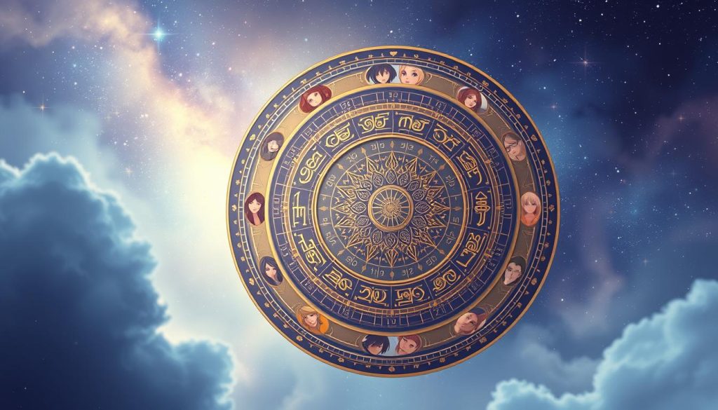 A serene, astrological-themed illustration showcasing the twelve zodiac signs. The central focus is a large, ornate zodiac wheel, its intricate symbols and patterns rendered in a rich, jewel-toned color palette. Around the wheel, twelve individual character portraits are displayed, each representing a different sign of the zodiac. The characters are depicted in a stylized, semi-realistic manner, their facial features and body language conveying the unique personality and essence of their respective signs. The background features a dreamy, star-studded sky, with celestial motifs and subtle ethereal elements adding to the mystical, enchanting atmosphere. The lighting is soft and diffused, creating a sense of tranquility and introspection. The overall composition is balanced and harmonious, inviting the viewer to explore the depths of their astrological identity and discover the guidance and insights the stars may offer.