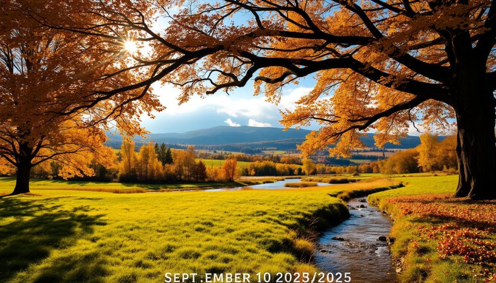 A serene autumn landscape on September 10, 2025, with a lush green meadow adorned with vibrant yellow and orange leaves, bathed in warm, golden sunlight filtering through wispy clouds. In the foreground, a large, striking tree with thick branches and vibrant foliage casts a gentle, dappled shadow over the scene. In the middle ground, a tranquil, rippling stream reflects the natural beauty surrounding it. The background features distant, rolling hills blanketed in a palette of autumnal hues. The composition evokes a sense of tranquility, the changing seasons, and the timeless rhythms of nature. A serene autumn landscape on September 10, 2025, with a lush green meadow adorned with vibrant yellow and orange leaves, bathed in warm, golden sunlight filtering through wispy clouds. In the foreground, a large, striking tree with thick branches and vibrant foliage casts a gentle, dappled shadow over the scene. In the middle ground, a tranquil, rippling stream reflects the natural beauty surrounding it. The background features distant, rolling hills blanketed in a palette of autumnal hues. The composition evokes a sense of tranquility, the changing seasons, and the timeless rhythms of nature.