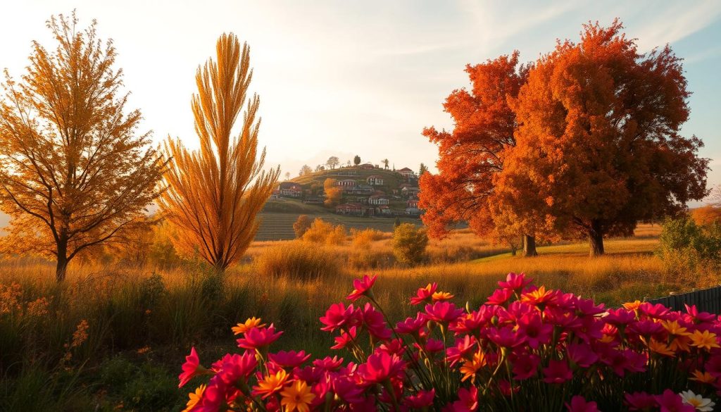 A serene autumn landscape on September 14th, 2025, with a warm golden hue casting a soft glow over the scene. In the foreground, a vibrant bouquet of seasonal flowers, their petals gently swaying in the gentle breeze. Tall, rustling trees line the edges of the frame, their leaves a kaleidoscope of rich reds, oranges, and yellows. In the distance, a rolling hillside adorned with a scattering of quaint cottages, their windows reflecting the fading daylight. The sky is a soft, hazy blue, with wispy clouds drifting lazily overhead. A sense of tranquility and nostalgia permeates the entire composition, evoking the timeless charm of this historic day. A serene autumn landscape on September 14th, 2025, with a warm golden hue casting a soft glow over the scene. In the foreground, a vibrant bouquet of seasonal flowers, their petals gently swaying in the gentle breeze. Tall, rustling trees line the edges of the frame, their leaves a kaleidoscope of rich reds, oranges, and yellows. In the distance, a rolling hillside adorned with a scattering of quaint cottages, their windows reflecting the fading daylight. The sky is a soft, hazy blue, with wispy clouds drifting lazily overhead. A sense of tranquility and nostalgia permeates the entire composition, evoking the timeless charm of this historic day.