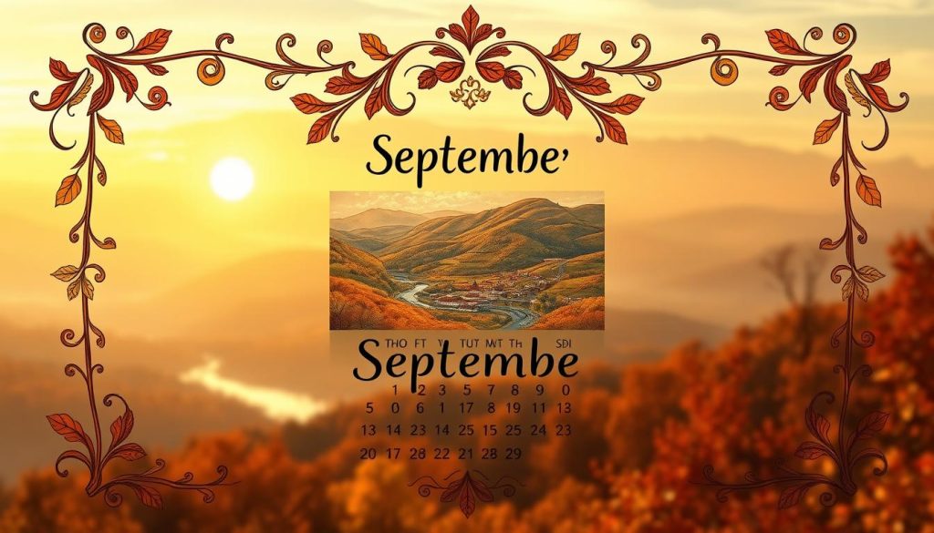 A serene autumn landscape, with a focus on the month of September. In the foreground, an ornate, hand-drawn calendar frame featuring intricate calligraphic flourishes and intricate leaf patterns in shades of ochre, rust, and gold. Within the frame, a vibrant, jewel-toned illustration of a Ukrainian landscape, with rolling hills, a winding river, and a quaint village nestled amidst the foliage. The background is a softly blurred expanse of a golden, hazy sky, with wispy clouds and the warm glow of the setting sun casting a gentle, nostalgic light over the entire scene. The overall mood is one of tranquility, introspection, and the gentle passage of time, reflecting the contemplative nature of the article's subject matter.