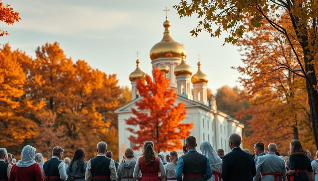 A serene Orthodox cathedral, its golden onion domes reflecting the warm autumn sun, stands tall against a backdrop of vibrant foliage in shades of orange, red, and gold. In the foreground, a group of parishioners gather, their traditional Ukrainian attire and prayerful expressions conveying the cultural and religious significance of this September day. Soft, diffused lighting casts a contemplative mood, while the composition balances the architectural grandeur and the intimate human presence, capturing the essence of this sacred celebration. A serene Orthodox cathedral, its golden onion domes reflecting the warm autumn sun, stands tall against a backdrop of vibrant foliage in shades of orange, red, and gold. In the foreground, a group of parishioners gather, their traditional Ukrainian attire and prayerful expressions conveying the cultural and religious significance of this September day. Soft, diffused lighting casts a contemplative mood, while the composition balances the architectural grandeur and the intimate human presence, capturing the essence of this sacred celebration.