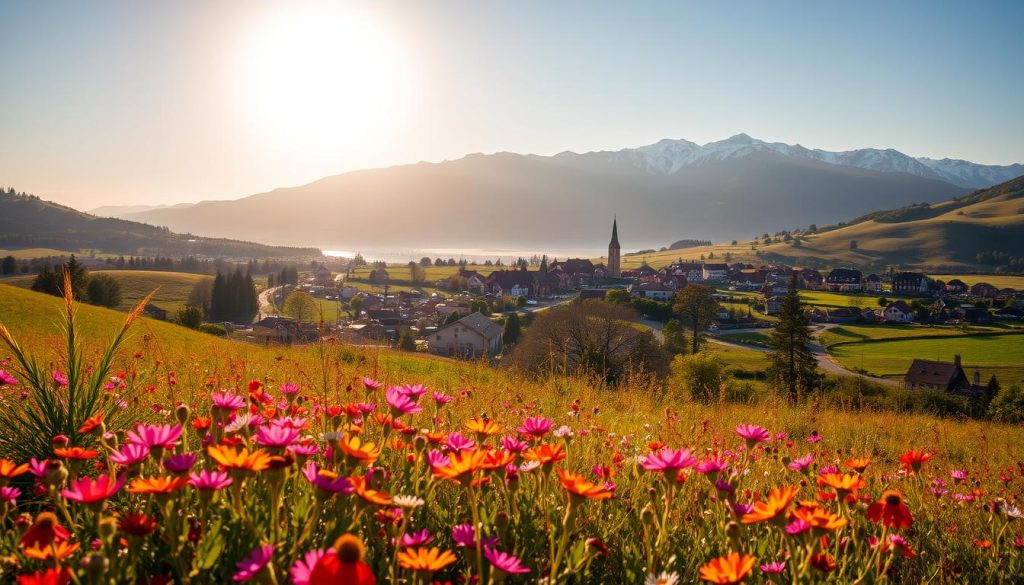 A serene September day, with a clear sky and a warm golden sun casting a soft glow over the tranquil landscape. In the foreground, a vibrant field of colorful wildflowers sways gently in the light breeze, their petals dancing in a captivating rhythm. In the middle ground, a picturesque village nestled among rolling hills, its quaint buildings and winding streets inviting exploration. In the distance, a majestic mountain range stands tall, its peaks capped with a dusting of snow, creating a breathtaking backdrop to the scene. The overall mood is one of peaceful contemplation, a moment of serenity to be savored on this special day. A serene September day, with a clear sky and a warm golden sun casting a soft glow over the tranquil landscape. In the foreground, a vibrant field of colorful wildflowers sways gently in the light breeze, their petals dancing in a captivating rhythm. In the middle ground, a picturesque village nestled among rolling hills, its quaint buildings and winding streets inviting exploration. In the distance, a majestic mountain range stands tall, its peaks capped with a dusting of snow, creating a breathtaking backdrop to the scene. The overall mood is one of peaceful contemplation, a moment of serenity to be savored on this special day.