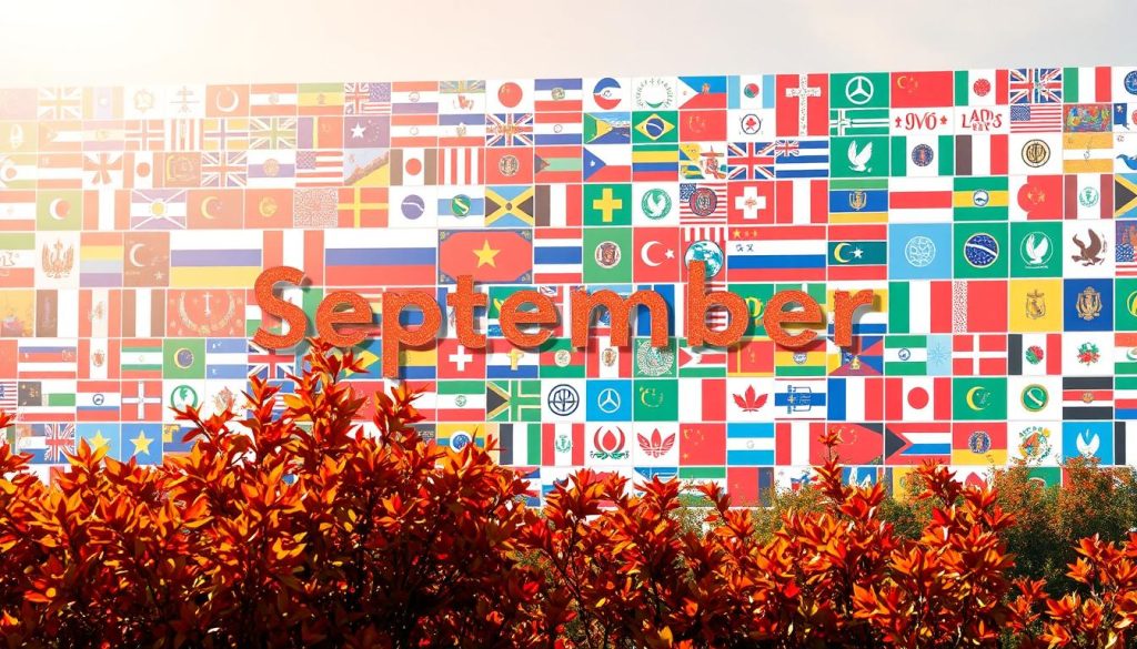 A serene September day, with a mosaic of international flags and symbols representing the diverse "Holidays of the World" celebrated on this date. The foreground features a vibrant display of autumnal foliage, hinting at the changing seasons. The middle ground showcases a range of cultural icons, from traditional Ukrainian folk patterns to global peace doves, all connected by a unifying theme of unity and shared humanity. The background is bathed in warm, soft lighting, creating an atmosphere of tranquility and harmony. The overall composition evokes a sense of global community and the interconnectedness of people from different backgrounds coming together to observe meaningful events and traditions. A serene September day, with a mosaic of international flags and symbols representing the diverse "Holidays of the World" celebrated on this date. The foreground features a vibrant display of autumnal foliage, hinting at the changing seasons. The middle ground showcases a range of cultural icons, from traditional Ukrainian folk patterns to global peace doves, all connected by a unifying theme of unity and shared humanity. The background is bathed in warm, soft lighting, creating an atmosphere of tranquility and harmony. The overall composition evokes a sense of global community and the interconnectedness of people from different backgrounds coming together to observe meaningful events and traditions.