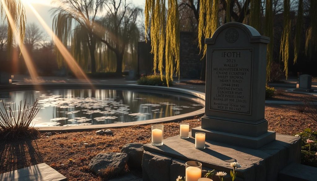 A somber memorial garden, with a serene pond reflecting the sky. In the foreground, a sculpted stone monument stands, its surface worn and weathered. Surrounding it, delicate flowers and flickering candles honor the memory of those who have passed. Shafts of warm, golden light pierce the tranquil atmosphere, casting a contemplative glow. In the background, a grove of weeping willow trees sway gently, their drooping branches a symbol of mourning and remembrance. The scene evokes a sense of quiet reverence, a space where we remember those whose lives have left an indelible mark. A somber memorial garden, with a serene pond reflecting the sky. In the foreground, a sculpted stone monument stands, its surface worn and weathered. Surrounding it, delicate flowers and flickering candles honor the memory of those who have passed. Shafts of warm, golden light pierce the tranquil atmosphere, casting a contemplative glow. In the background, a grove of weeping willow trees sway gently, their drooping branches a symbol of mourning and remembrance. The scene evokes a sense of quiet reverence, a space where we remember those whose lives have left an indelible mark.