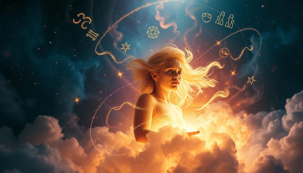 A striking image of a celestial birth, with a vibrant, ethereal figure emerging from a cosmos of swirling stars and cosmic energy. The figure is bathed in a warm, golden light, their features softly defined, conveying a sense of divine, otherworldly presence. The background is a captivating blend of deep blues, purples, and blacks, with wisps of luminous clouds and trails of stardust dancing across the frame. The composition is balanced and harmonious, drawing the viewer's eye to the central figure and the sense of mystery and wonder that surrounds it. Subtle hints of astrological symbols or celestial motifs may be present, adding depth and meaning to the image. The overall mood is one of spiritual awakening, rebirth, and the profound connection between the human and the cosmic. A striking image of a celestial birth, with a vibrant, ethereal figure emerging from a cosmos of swirling stars and cosmic energy. The figure is bathed in a warm, golden light, their features softly defined, conveying a sense of divine, otherworldly presence. The background is a captivating blend of deep blues, purples, and blacks, with wisps of luminous clouds and trails of stardust dancing across the frame. The composition is balanced and harmonious, drawing the viewer's eye to the central figure and the sense of mystery and wonder that surrounds it. Subtle hints of astrological symbols or celestial motifs may be present, adding depth and meaning to the image. The overall mood is one of spiritual awakening, rebirth, and the profound connection between the human and the cosmic.
