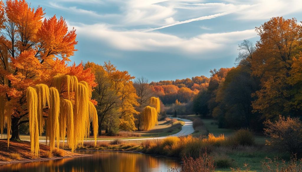 A stunning autumnal landscape, with a vibrant golden-orange tree in the foreground, its leaves cascading down onto a tranquil pond. In the middle ground, a path winds through a forest of colorful foliage, inviting the viewer to explore. The background is a hazy, blue-gray sky, with wispy clouds drifting overhead, creating a serene and contemplative atmosphere. The scene is bathed in warm, soft lighting, casting long shadows and highlighting the rich, earthy tones of the fall season. The composition is balanced and harmonious, capturing the essence of the 30th of September in a visually captivating way. A stunning autumnal landscape, with a vibrant golden-orange tree in the foreground, its leaves cascading down onto a tranquil pond. In the middle ground, a path winds through a forest of colorful foliage, inviting the viewer to explore. The background is a hazy, blue-gray sky, with wispy clouds drifting overhead, creating a serene and contemplative atmosphere. The scene is bathed in warm, soft lighting, casting long shadows and highlighting the rich, earthy tones of the fall season. The composition is balanced and harmonious, capturing the essence of the 30th of September in a visually captivating way.