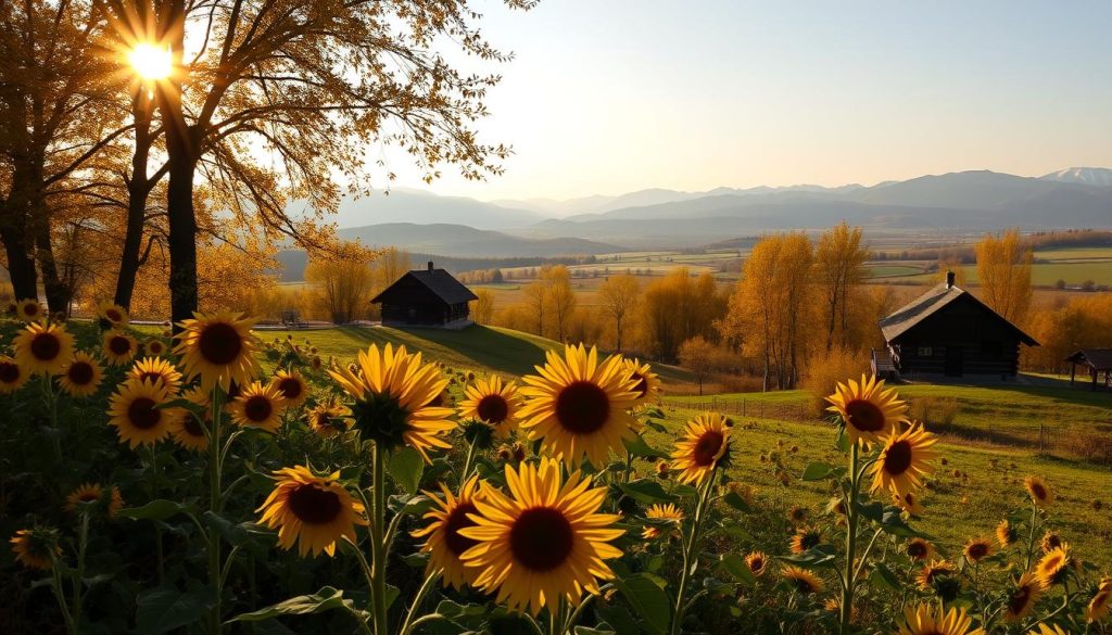 A tranquil autumn day, the 10th of September. Soft golden sunlight filters through the trees, casting a warm glow over a pastoral scene. In the foreground, a field of vibrant yellow sunflowers sway gently in the breeze, their petals unfurling towards the heavens. In the middle ground, a picturesque Russian countryside unfolds, with rolling hills dotted with traditional wooden cottages and birch trees. The background is a breathtaking panorama of distant mountains, their peaks dusted with the first hints of snow. The overall mood is one of serenity and contemplation, capturing the essence of this significant historical day. A tranquil autumn day, the 10th of September. Soft golden sunlight filters through the trees, casting a warm glow over a pastoral scene. In the foreground, a field of vibrant yellow sunflowers sway gently in the breeze, their petals unfurling towards the heavens. In the middle ground, a picturesque Russian countryside unfolds, with rolling hills dotted with traditional wooden cottages and birch trees. The background is a breathtaking panorama of distant mountains, their peaks dusted with the first hints of snow. The overall mood is one of serenity and contemplation, capturing the essence of this significant historical day.