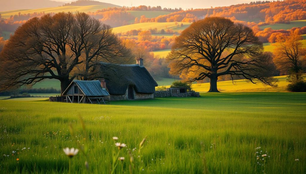 A tranquil autumn scene, with the soft glow of an early September morning casting a warm light across a peaceful rural landscape. In the foreground, a verdant meadow dotted with wildflowers sways gently in the morning breeze. In the middle ground, a quaint cottage nestled among ancient oak trees, its weathered timber and thatched roof suggesting a timeless charm. The background is filled with rolling hills, their verdant slopes transitioning into vibrant hues of red, orange, and gold as the trees herald the arrival of the new season. The overall mood is one of quiet reflection and the gentle passage of time, creating an evocative portrait of a quintessential "рождения сентября". A tranquil autumn scene, with the soft glow of an early September morning casting a warm light across a peaceful rural landscape. In the foreground, a verdant meadow dotted with wildflowers sways gently in the morning breeze. In the middle ground, a quaint cottage nestled among ancient oak trees, its weathered timber and thatched roof suggesting a timeless charm. The background is filled with rolling hills, their verdant slopes transitioning into vibrant hues of red, orange, and gold as the trees herald the arrival of the new season. The overall mood is one of quiet reflection and the gentle passage of time, creating an evocative portrait of a quintessential "рождения сентября".