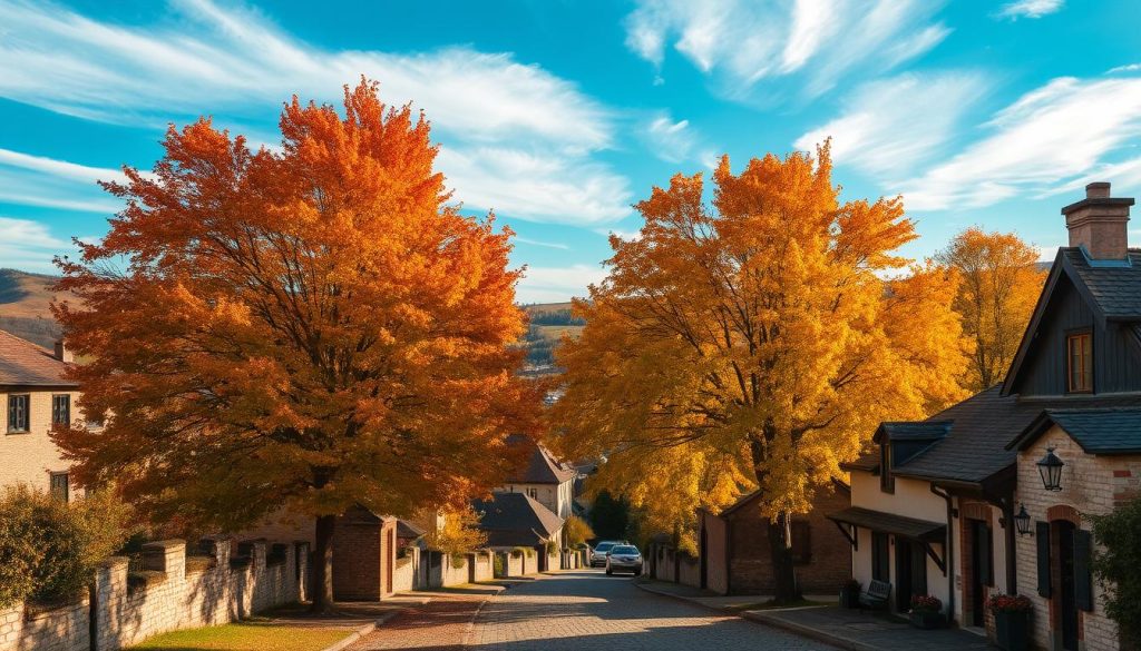 A tranquil autumnal landscape on September 23rd, 2025. A serene countryside scene with rolling hills, a picturesque village nestled in the distance, and a vibrant blue sky dotted with wispy clouds. In the foreground, a quaint cobblestone street lined with charming houses, their facades adorned with rustic details. Tall trees in full autumn regalia, their leaves a tapestry of warm oranges, reds, and yellows, casting dappled shadows across the scene. Soft, golden sunlight filters through, creating a cozy, nostalgic atmosphere. The overall mood is one of tranquility, history, and the gentle passage of time. A tranquil autumnal landscape on September 23rd, 2025. A serene countryside scene with rolling hills, a picturesque village nestled in the distance, and a vibrant blue sky dotted with wispy clouds. In the foreground, a quaint cobblestone street lined with charming houses, their facades adorned with rustic details. Tall trees in full autumn regalia, their leaves a tapestry of warm oranges, reds, and yellows, casting dappled shadows across the scene. Soft, golden sunlight filters through, creating a cozy, nostalgic atmosphere. The overall mood is one of tranquility, history, and the gentle passage of time.