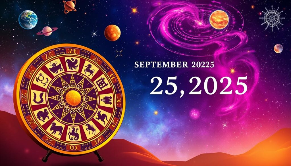 A vibrant and astrologically-inspired illustration of the Western horoscope for September 25, 2025. In the foreground, a detailed zodiac wheel with the twelve zodiac symbols elegantly arranged. The middle ground features colorful, ethereal celestial elements like planets, stars, and swirling cosmic energies. The background depicts a rich, deep-hued night sky, conveying a sense of mystery and wonder. Soft, warm lighting illuminates the scene, creating an inviting, atmospheric mood. The overall composition balances striking visual elements with a harmonious, aesthetically-pleasing layout, perfectly suited to illustrate the provided article section.