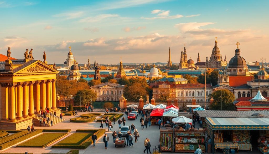 A vibrant and culturally rich scene depicting Ukraine's storied heritage. In the foreground, a grand museum facade stands tall, its neoclassical architecture adorned with intricate carvings and statues. Visitors stroll through the manicured gardens, admiring the carefully curated displays within. In the middle ground, a bustling outdoor market showcases the nation's artisanal crafts, traditional textiles, and local produce. The background is a panoramic view of historic landmarks, including iconic cathedrals and monuments that serve as testaments to Ukraine's storied past. Warm, golden lighting casts a serene glow over the entire scene, evoking a sense of timeless cultural vibrancy. A vibrant and culturally rich scene depicting Ukraine's storied heritage. In the foreground, a grand museum facade stands tall, its neoclassical architecture adorned with intricate carvings and statues. Visitors stroll through the manicured gardens, admiring the carefully curated displays within. In the middle ground, a bustling outdoor market showcases the nation's artisanal crafts, traditional textiles, and local produce. The background is a panoramic view of historic landmarks, including iconic cathedrals and monuments that serve as testaments to Ukraine's storied past. Warm, golden lighting casts a serene glow over the entire scene, evoking a sense of timeless cultural vibrancy.