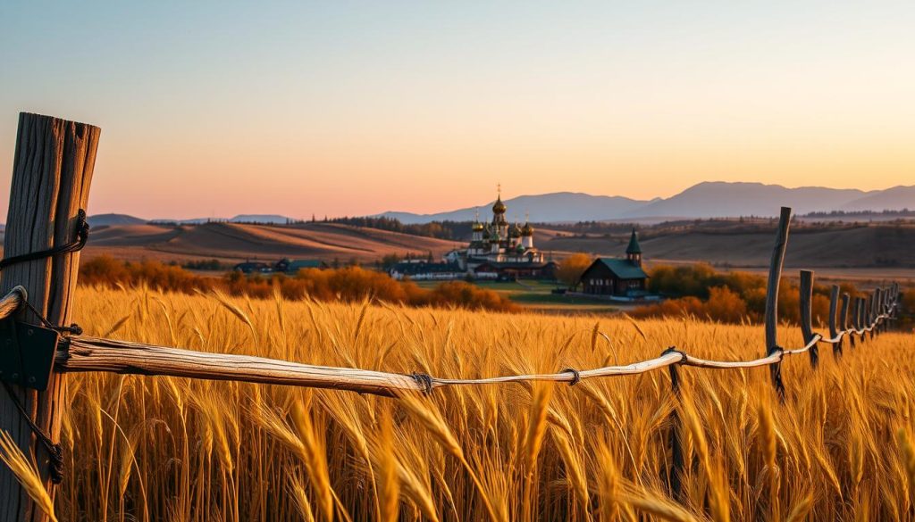 A vibrant autumn landscape, featuring a serene Russian countryside scene. In the foreground, a weathered wooden fence winds through a field of golden wheat stalks, their tips gently swaying in a soft breeze. In the middle ground, a small village nestled among rolling hills, its colorful wooden houses and onion-domed churches bathed in the warm, late-afternoon sunlight. In the distance, a hazy blue mountain range rises against a cloudless sky, tinged with the rich hues of an early September sunset. The overall mood is one of tranquility and the welcoming embrace of the changing seasons. A vibrant autumn landscape, featuring a serene Russian countryside scene. In the foreground, a weathered wooden fence winds through a field of golden wheat stalks, their tips gently swaying in a soft breeze. In the middle ground, a small village nestled among rolling hills, its colorful wooden houses and onion-domed churches bathed in the warm, late-afternoon sunlight. In the distance, a hazy blue mountain range rises against a cloudless sky, tinged with the rich hues of an early September sunset. The overall mood is one of tranquility and the welcoming embrace of the changing seasons.