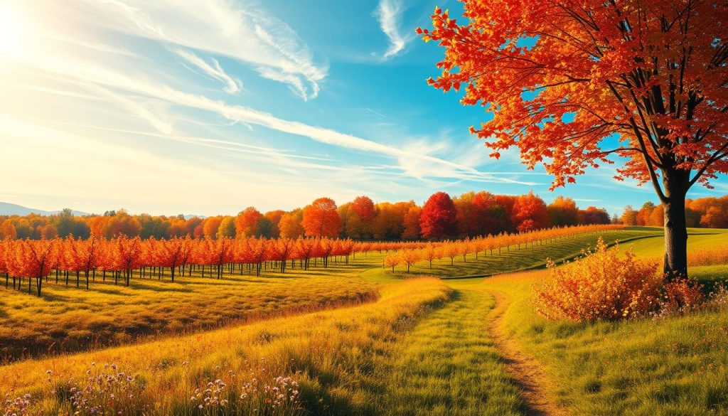 A vibrant autumn landscape on September 21st, 2025, captured in a realistic oil painting style. The foreground features a lush meadow with blooming wildflowers and a winding path leading through the scene. In the middle ground, rows of colorful trees in shades of red, orange, and yellow line the edges, their leaves rustling in the gentle breeze. The background showcases a clear blue sky with wispy clouds, creating a serene and tranquil atmosphere. Warm, diffused sunlight filters through the trees, casting a golden glow over the entire scene. The composition is balanced and harmonious, drawing the viewer's eye through the layers of the landscape. A vibrant autumn landscape on September 21st, 2025, captured in a realistic oil painting style. The foreground features a lush meadow with blooming wildflowers and a winding path leading through the scene. In the middle ground, rows of colorful trees in shades of red, orange, and yellow line the edges, their leaves rustling in the gentle breeze. The background showcases a clear blue sky with wispy clouds, creating a serene and tranquil atmosphere. Warm, diffused sunlight filters through the trees, casting a golden glow over the entire scene. The composition is balanced and harmonious, drawing the viewer's eye through the layers of the landscape.