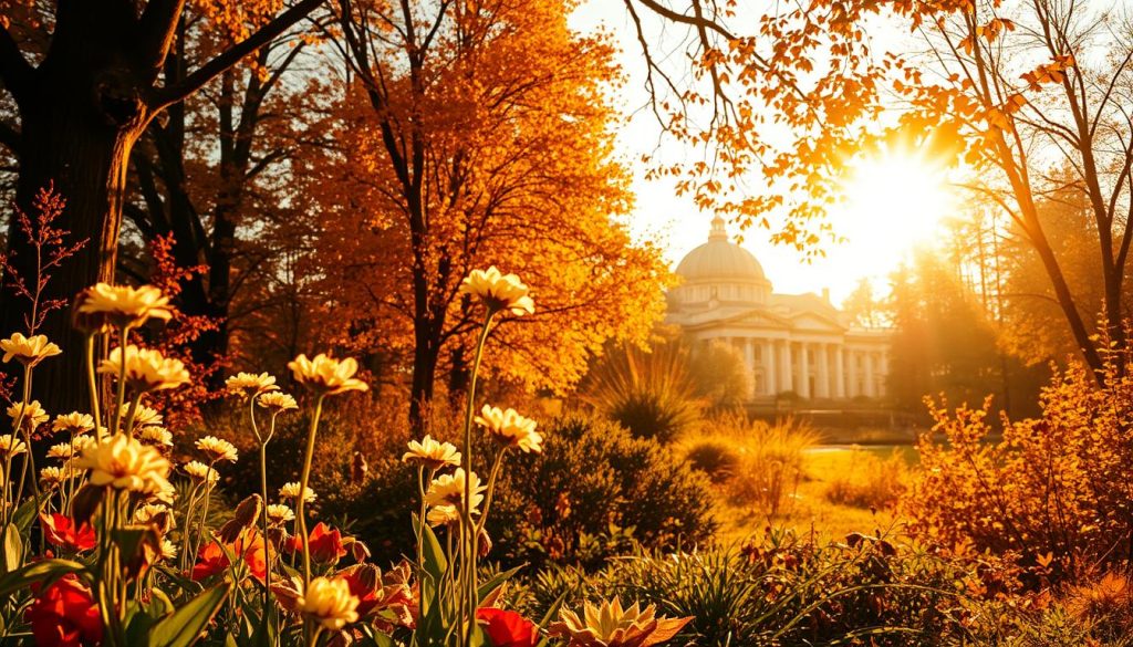 A vibrant autumn landscape unfolds, with golden sunlight filtering through the trees. In the foreground, a serene garden scene comes to life, showcasing the birth of September - a symbolic representation of the transition from summer to fall. Delicate flowers, their petals kissed by the season's first chill, stand in reverence. Intricate details emerge, from the intricate textures of bark to the gentle swaying of leaves. The middle ground unveils a timeless, historical setting, hinting at the rich tapestry of events that have unfolded on this day. The background bathes in a warm, nostalgic glow, evoking a sense of wonder and contemplation. This image captures the essence of September's birth, a moment of reflection on the cycle of life and the passage of time.