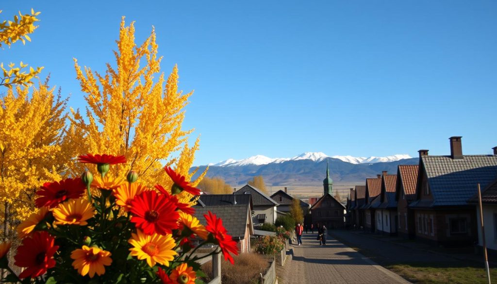 A vibrant autumn landscape, with golden trees and a clear blue sky overhead. In the foreground, a bouquet of fresh flowers in shades of red, orange, and yellow, symbolizing the celebratory nature of the September holidays. In the middle ground, a quaint village with traditional Slavic architecture, its cobblestone streets bustling with people enjoying the festivities. In the background, a distant mountain range, its peaks dusted with the first snowfall of the season. Soft, warm lighting illuminates the scene, creating a cozy and inviting atmosphere. A sense of celebration and tradition permeates the image, reflecting the significance of the September holidays in Russian culture. A vibrant autumn landscape, with golden trees and a clear blue sky overhead. In the foreground, a bouquet of fresh flowers in shades of red, orange, and yellow, symbolizing the celebratory nature of the September holidays. In the middle ground, a quaint village with traditional Slavic architecture, its cobblestone streets bustling with people enjoying the festivities. In the background, a distant mountain range, its peaks dusted with the first snowfall of the season. Soft, warm lighting illuminates the scene, creating a cozy and inviting atmosphere. A sense of celebration and tradition permeates the image, reflecting the significance of the September holidays in Russian culture.